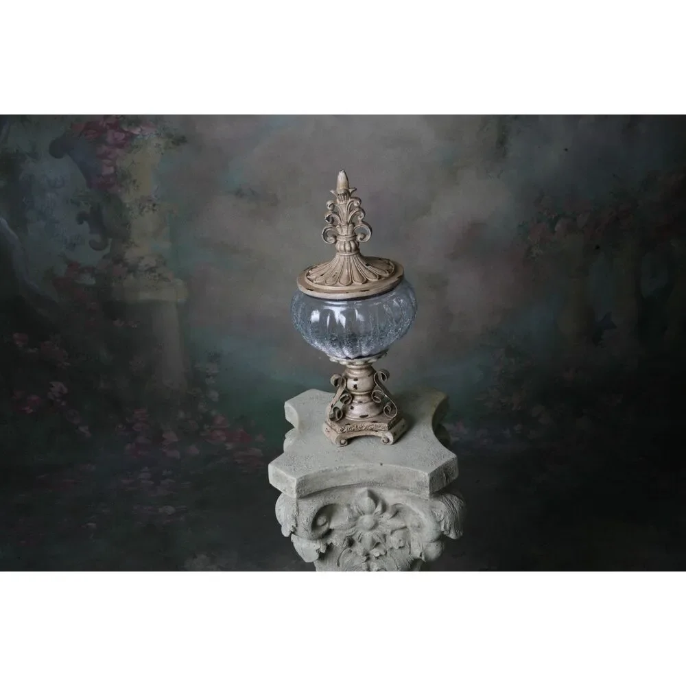 Decorative Crackle Glass Jar With Fleur-de-lis Lid Metal Work Aged - Picture 8 of 9